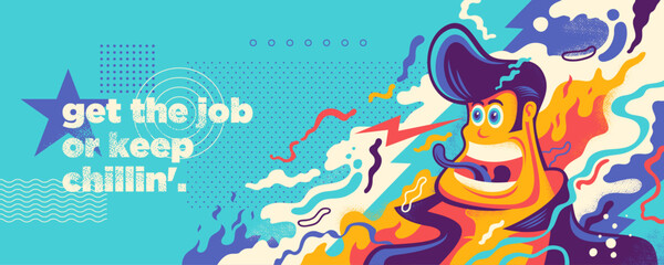 Abstract illustration in graffiti style with comic Rockabilly guy and colorful splashing shapes. Vector illustration.