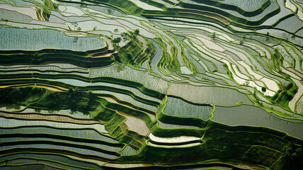 Aerial environmental photography drone shot of a green sustainable landscape nature scene rice field terrace in Asia