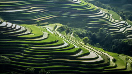 Aerial environmental photography drone shot of a green sustainable landscape nature scene rice field terrace in Asia