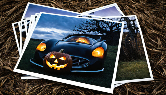 bunch of printed photos with white frames with halloween car and pumpkin with orange lights laying on brown plant backgound, generative AI