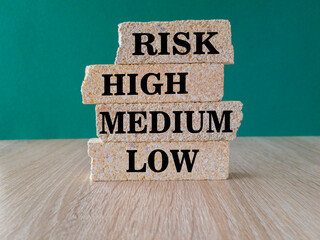 Brick blocks with the words risk, high, medium, low, on beautiful green background, wooden table. Business concept.