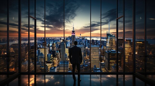 Businessman watching the night view of the city from his office in the skyscraper