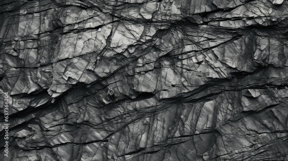 Wall mural black white rock texture on cracked layered mountain surface.