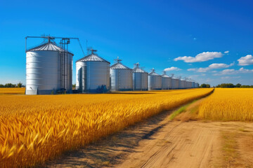 Fototapeta na wymiar Sustainable Farming Scene: Silos and Wheat Growth
