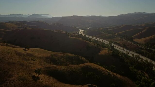 Aerial View of Highway 1 and Santa Monica Mountains, Calabasas, California