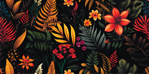 Vintage Flowers and leaves. Vector illustrations of fern, bird of paradise, black panther, palm leaf and tropical plants. Modern seamless pattern. Fashionable template for design