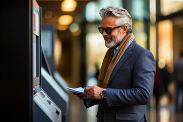 Financial Transaction: Businessman Using Card at ATM - obrazy, fototapety, plakaty