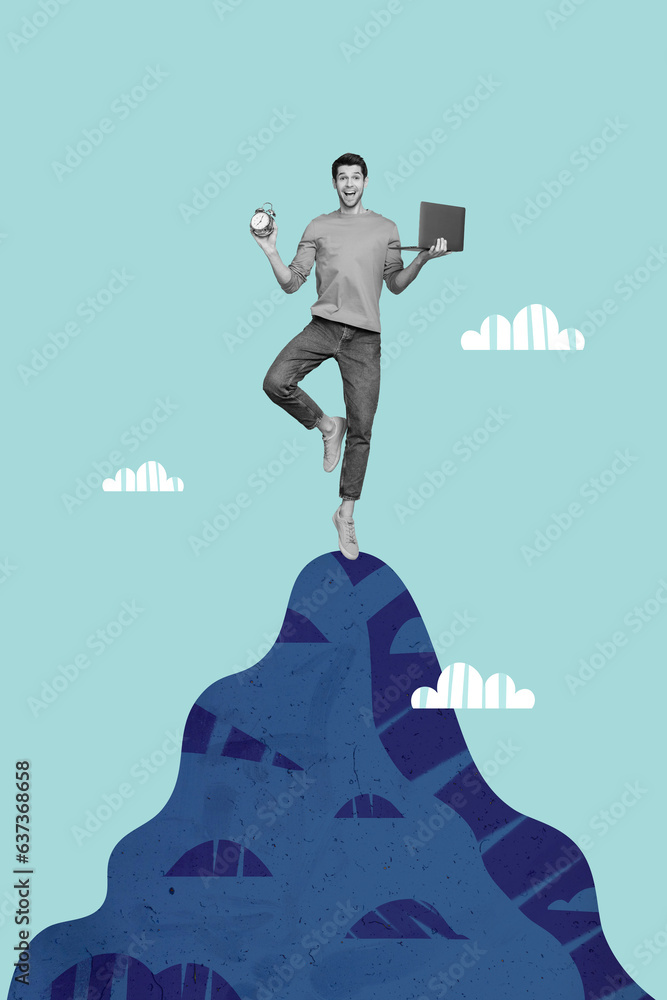 Poster vertical composite 3d photo collage of positive man hold laptop clock standing on top of maintain is