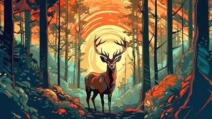 Graceful deer in a forest clearing . Fantasy concept , Illustration painting.