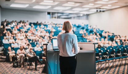 Female speaker giving a talk on corporate business conference. Unrecognizable people in audience at...