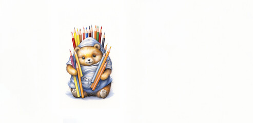 Viele Buntstifte mit einem lustigen Bär als Symbol für die Farben cartoon in Querformat als Banner, ai generativ