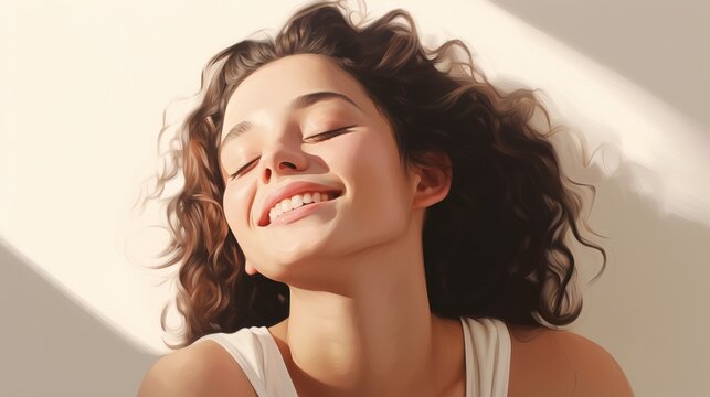 illustration oil paint of cheerful smile young woman enhancing the scene against a light clean background.