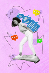 Vertical collage picture of black white colors arm palm hold mini girl carry pile stack heavy...