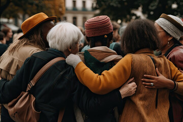 Obraz premium Rear view of diverse group of women in hats hugging and supporting each other