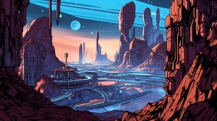 Futuristic sci-fi landscapes . Fantasy concept , Illustration painting.