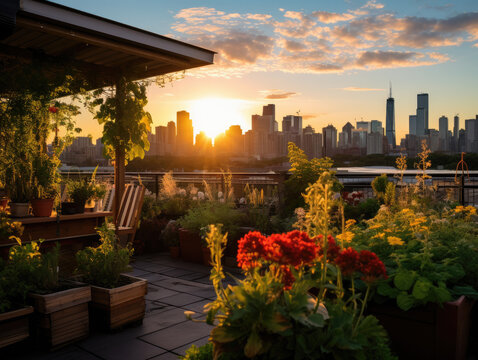Fotograf&iacute;a de un jard&iacute;n en la azotea al atardecer, con el perfil de la ciudad suavemente iluminado de fondo.