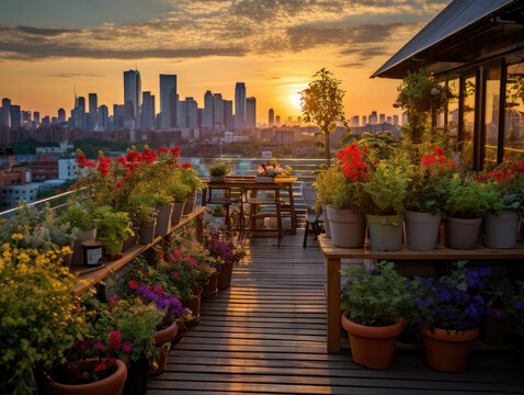 Fotograf&iacute;a de un jard&iacute;n en la azotea al atardecer, con el perfil de la ciudad suavemente iluminado de fondo.