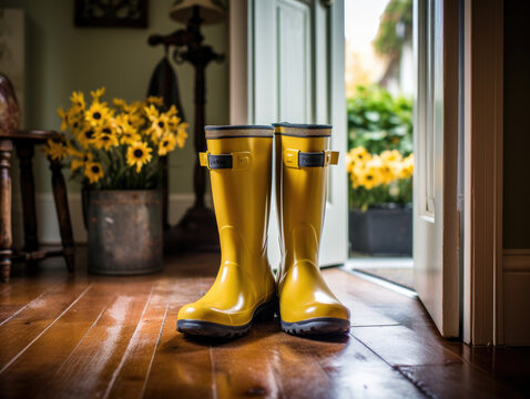 Fotograf&iacute;a que muestra un par de botas de lluvia junto a una entrada, con visibles vestigios de gotas de agua.