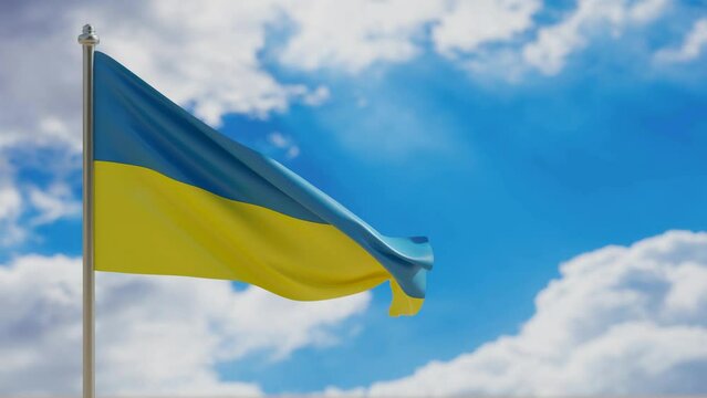 Ukraine country national flag waving on blue sky background. 3d video footage