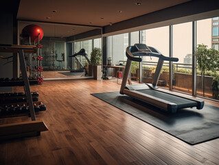 Fotograf&iacute;a de un gimnasio dom&eacute;stico elegante con cinta de correr, esterilla de yoga y espejos que reflejan el minimalismo del espacio.