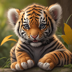 Cute little baby tiger forest background 