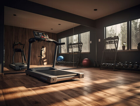 Fotograf&iacute;a de un gimnasio dom&eacute;stico elegante con cinta de correr, esterilla de yoga y espejos que reflejan el minimalismo del espacio.