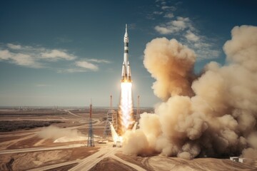 soyuz space launch vehicle launches from Baikonur Cosmodrome, take-off sunny day, aerial view
