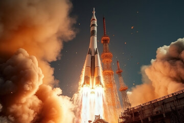 soyuz space launch vehicle launches from Baikonur Cosmodrome, view from ground level