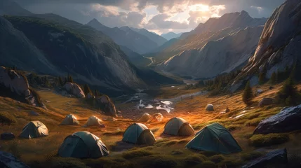  tourist tent camping in mountains at sunset. Created with Generative AI. © lchumpitaz