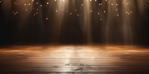 Empty stage with wooden floor and artificial lights and bokeh defocused background