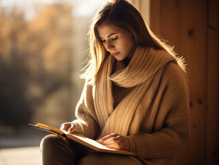 Fotografía de una mujer con un cálido cárdigan pasando la página de un diario encuadernado en cuero, con la luz del sol matutino de fondo. - obrazy, fototapety, plakaty
