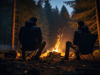 Fotografía de dos amigos, sus siluetas contrastando con un brillante fuego de campamento, con un suave bosque desenfocado al fondo. - obrazy, fototapety, plakaty
