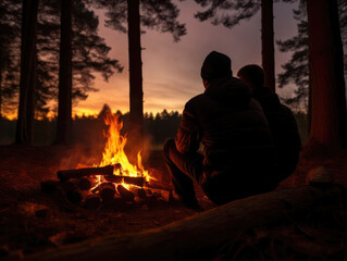 Fotografía de dos amigos, sus siluetas contrastando con un brillante fuego de campamento, con un suave bosque desenfocado al fondo. - obrazy, fototapety, plakaty