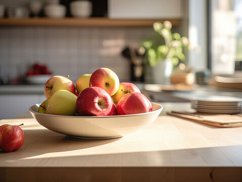 Fotograf&iacute;a de una cocina impecable con electrodom&eacute;sticos modernos y un cuenco con manzanas frescas en la encimera.