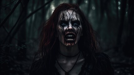 vampire woman in a dark forest. Created with Generative AI.	
 - obrazy, fototapety, plakaty