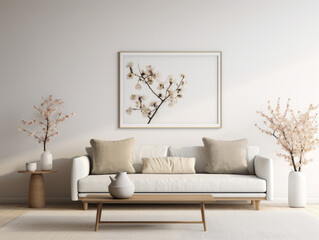 Imagen de una sala minimalista con un sofá acogedor, mesa de centro con un jarrón de flores frescas y arte abstracto en la pared.