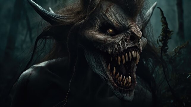 vampire woman in a dark forest. Created with Generative AI.	
