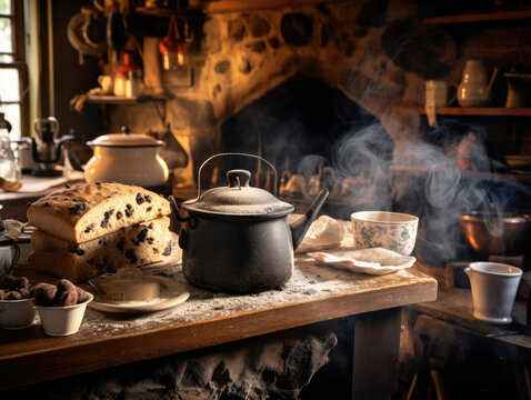 
Descripci&oacute;n en espa&ntilde;ol (con menos de 200 caracteres):

Fotograf&iacute;a de una cocina r&uacute;stica, con vapor saliendo de una tetera y deliciosos horneados enfri&aacute;ndose cerca.