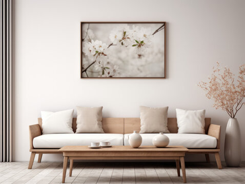 Imagen de una sala minimalista con un sofá acogedor, mesa de centro con un jarrón de flores frescas y arte abstracto en la pared.