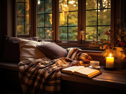 Fotografía de un acogedor rincón junto a la ventana, decorado con cojines y mantas, con un libro abierto que invita a la lectura.