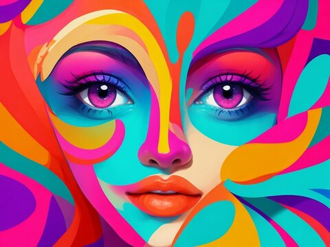 Female face with beautiful pink colored eyes, very colorful style