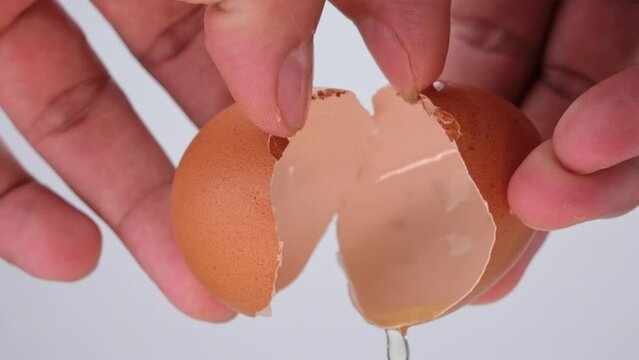 Male hand braking an egg to make an omelette. Man cooking eggs for breakfast. Male hand cracking fresh egg yolk close up.