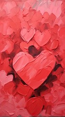 This abstract painting of vibrant coquelicot and carmine hearts on a fiery red background is a captivating celebration of colorfulness and love