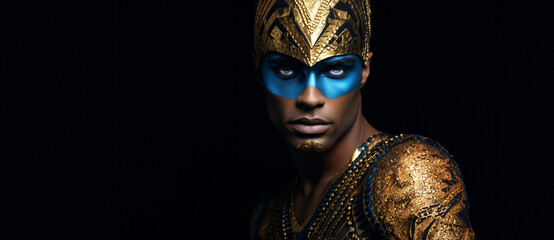Hübscher Model Mann Gesicht im Pharao Stil mit goldenen Kopfschmuck mit Kette und edlen Makeup Poster in Querformat für Banner, ai generativ - obrazy, fototapety, plakaty