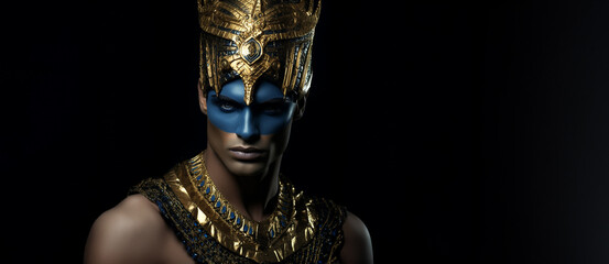 Hübscher Model Mann Gesicht im Pharao Stil mit goldenen Kopfschmuck mit Kette und edlen Makeup Poster in Querformat für Banner, ai generativ - obrazy, fototapety, plakaty