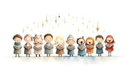 Group of children's choir singing carols on a white background. Cute cartoon illustration. - obrazy, fototapety, plakaty