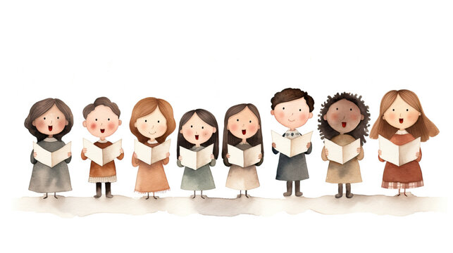 Group of children's choir singing carols on a white background. Cute cartoon illustration.