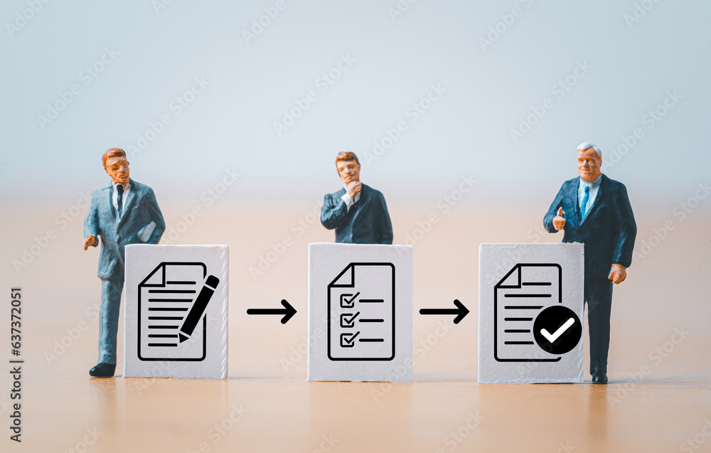 Poster miniature figure businessmen standing with white paper and document icon for prepare , check and app