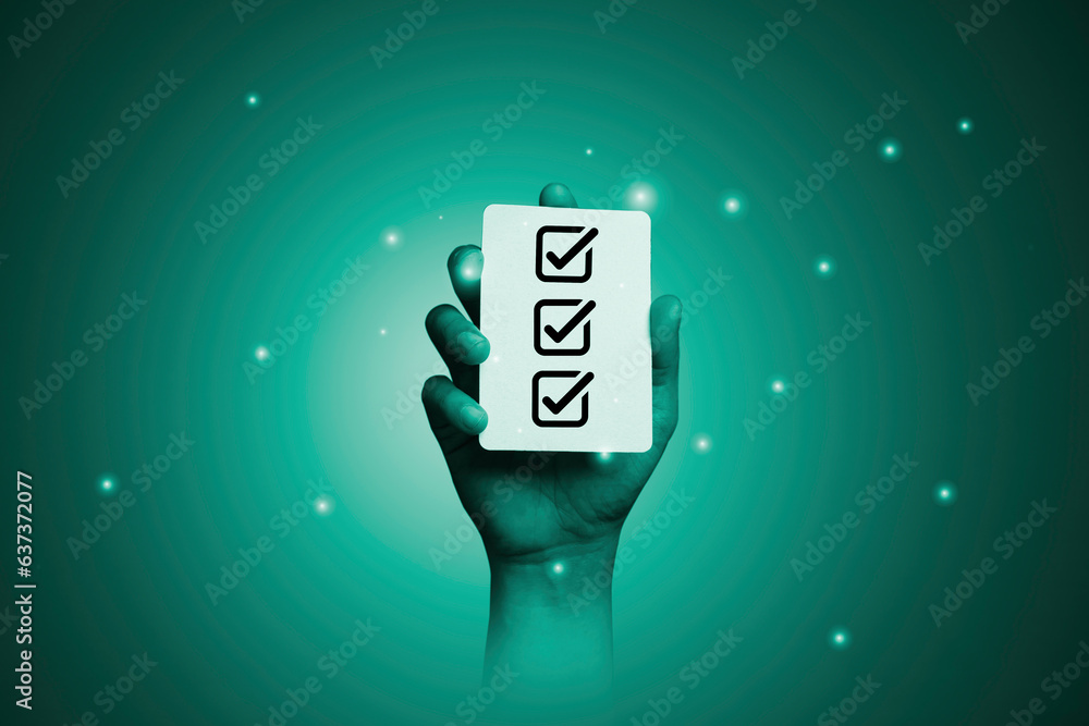Poster Hand holding white card with correct sign or tick mark on checkbox for document and project approve concept.