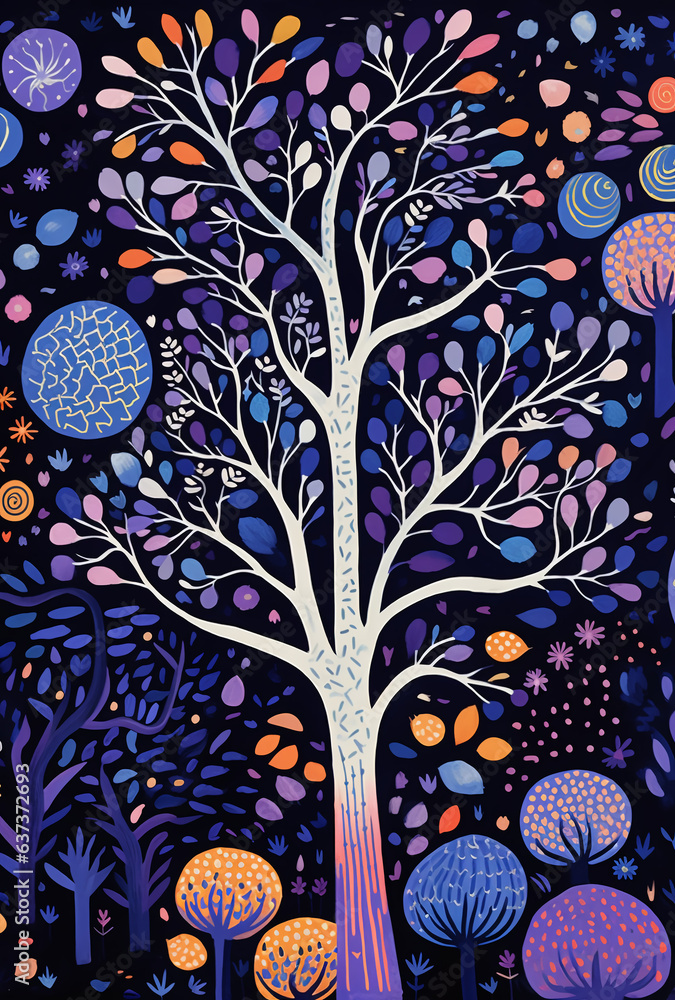 Wall mural abstract, bright drawing of a white tree, at night, with colorful leaves, generative ai